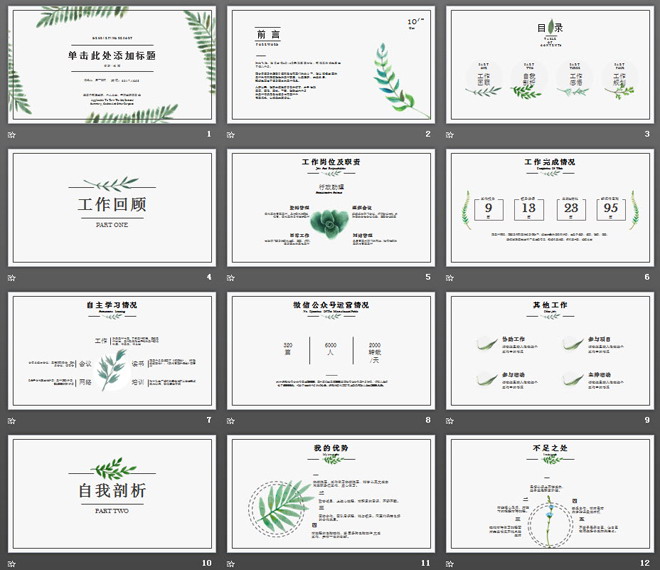 清新淡雅植物叶子背景的个人述职报告PPT模板